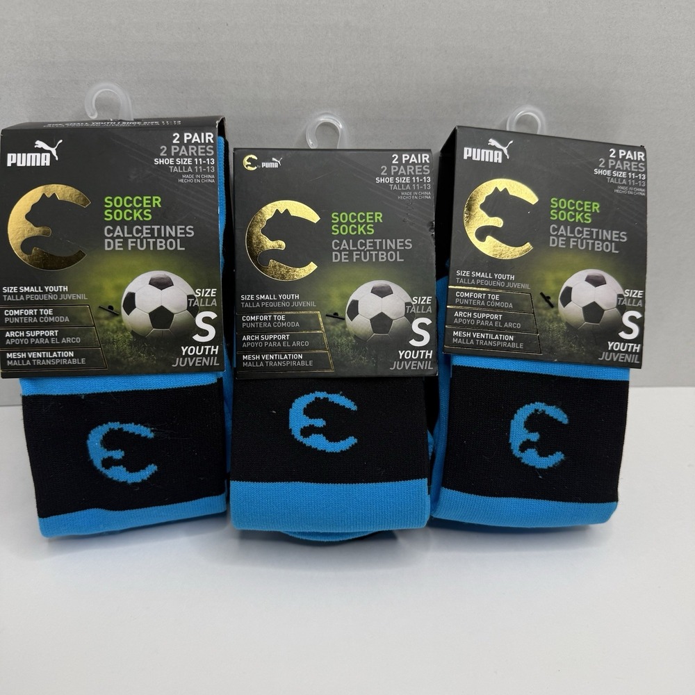 Puma Youth Soccer Socks 6 Pairs Blue Black Size S Small Shoe 11-13 Crew Bundle